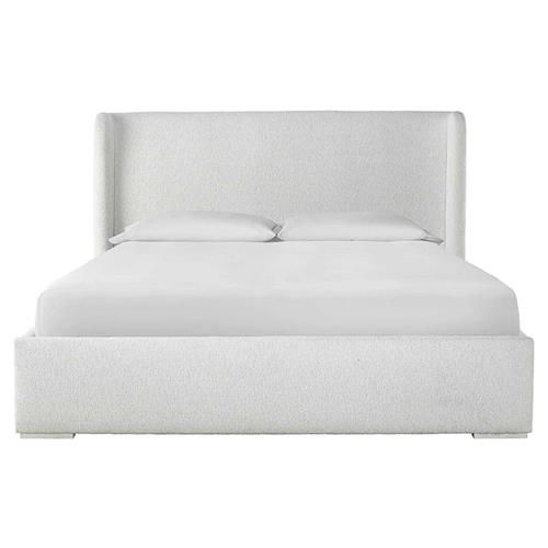 White Upholstered Wingback Bed with Textured Boucle Fabric