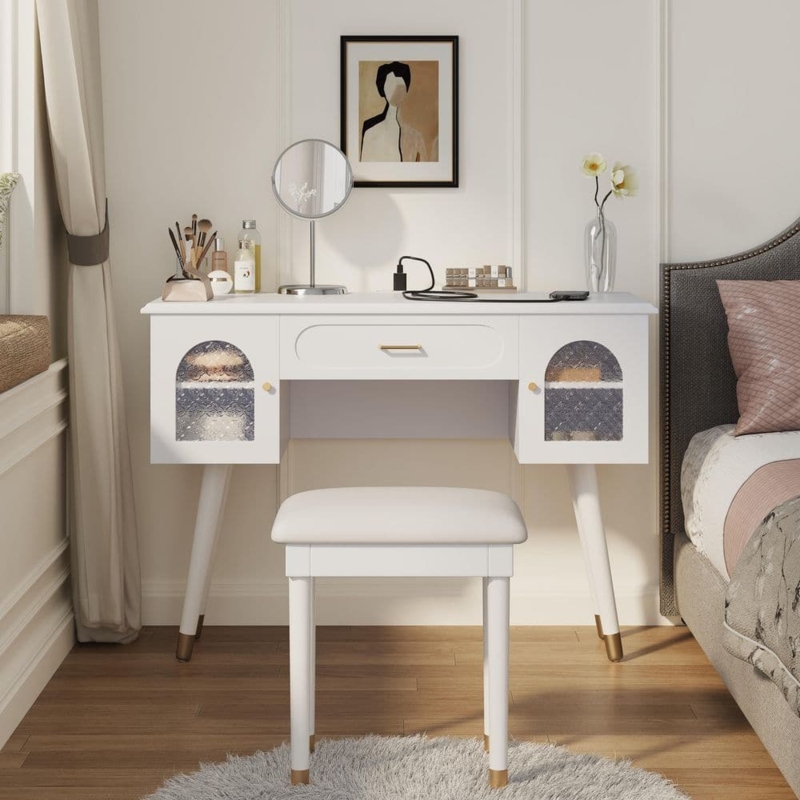 White Vanity Desk Set featuring Arched Textured Glass Doors
