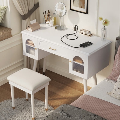 White Vanity Desk with Integrated Organizer and Charging Port