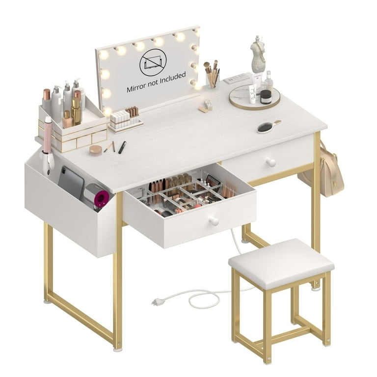 White Vanity Desk with Side Storage Pocket and Gold Legs