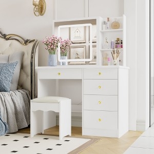 White Vanity Set Glass Top Drawer Gold Knobs Matching Stool