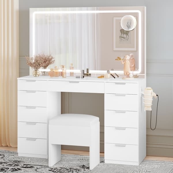 White Vanity Set with 11 Drawers, LED Framed Mirror, and Dryer Holder