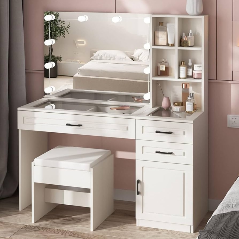 White Vanity Set with Hutch, Hollywood Mirror & Glass Top Drawers