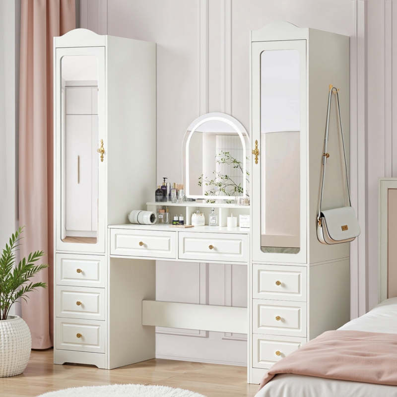 White Vanity Set with Integrated Armoires and Arched Lighted Mirror