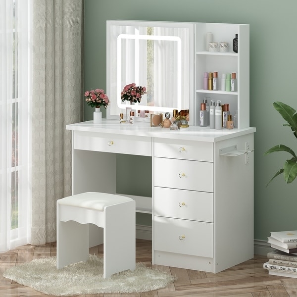 White Vanity Set with Side Charging Station, LED Mirror & Stool