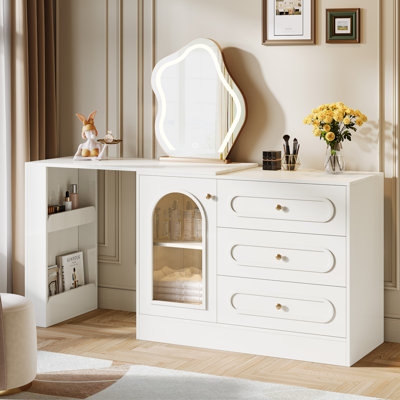 White Vanity with Arched Glass Door Cabinet