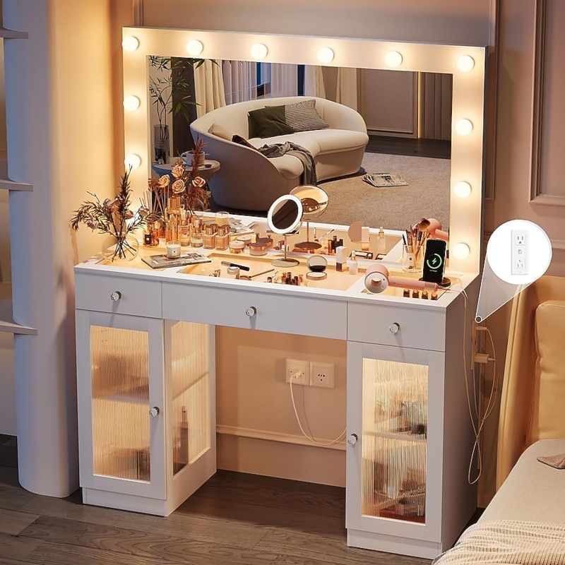 White Vanity with Ribbed Glass Doors, Transparent Top & Outlets