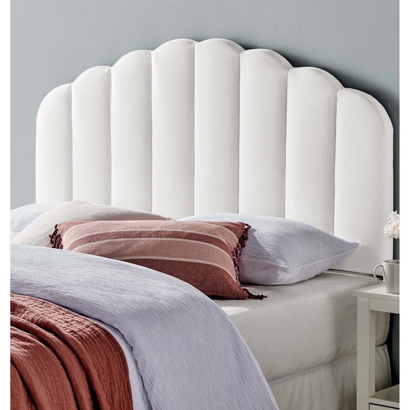 White Velvet Scalloped Headboard with Vertical Channel Tufting