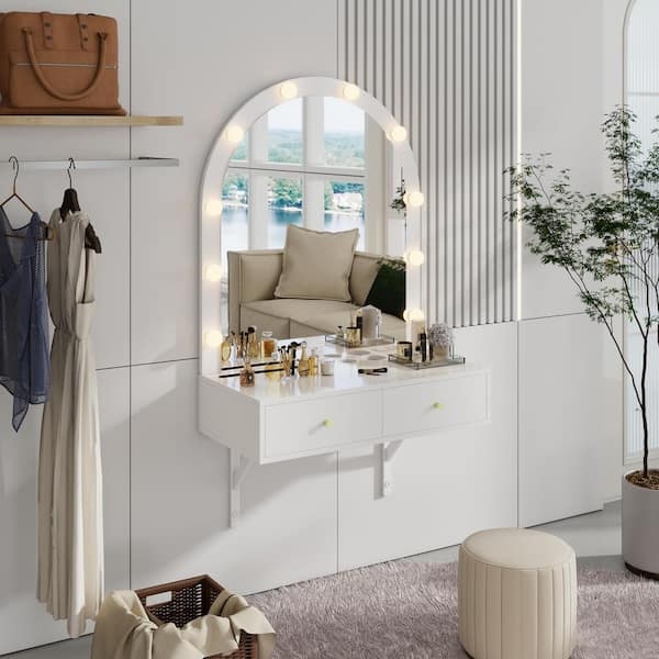 White Wall Mounted Makeup Vanity Illuminated Mirror Power Outlet