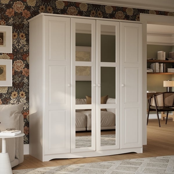 White Wardrobe Cabinet with Central Mirrored Panels