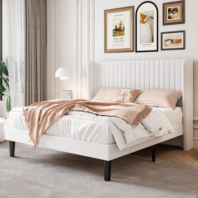 White Wingback Bed with Vertical Channel Tufting and Upholstered Finish