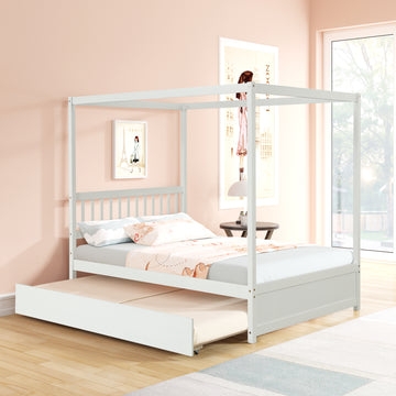 White Wood Canopy Bed with Slatted Headboard and Trundle