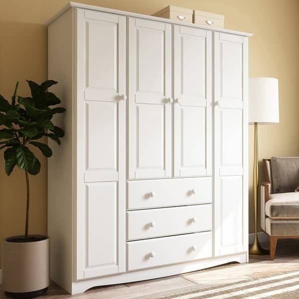 White Wood Wardrobe with Central Drawer Stack and Recessed Paneling