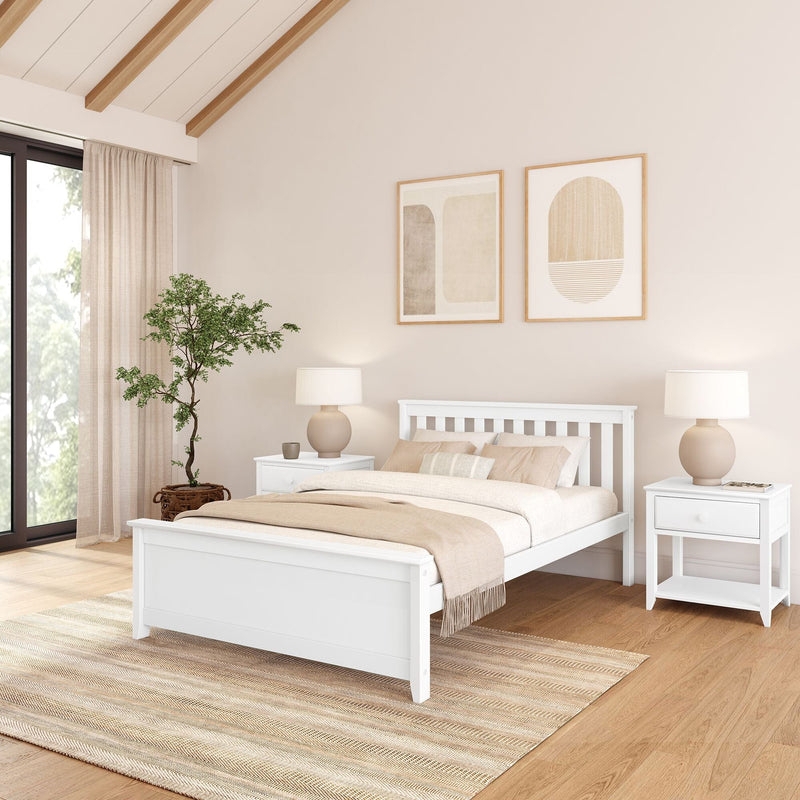 White Wooden Bed Frame with Slatted Headboard Minimalist Bedroom Decor