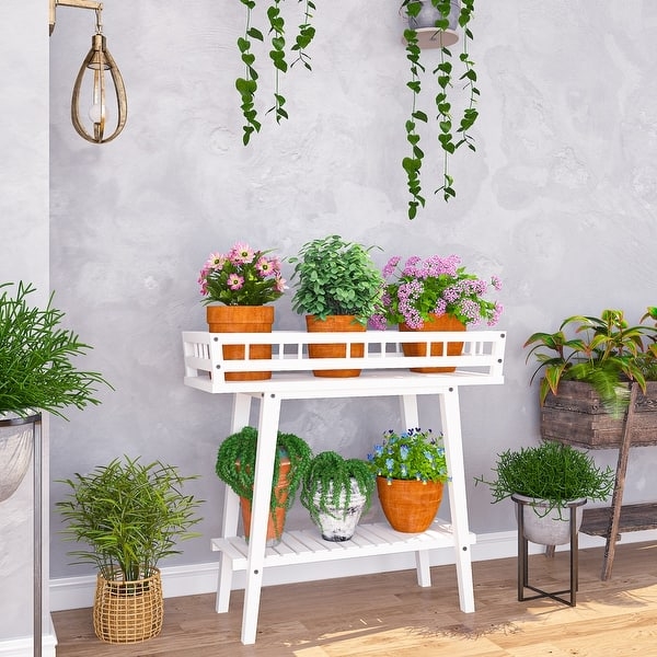 White Wooden Plant Stand Tray Top Slatted Shelf Scandinavian Style