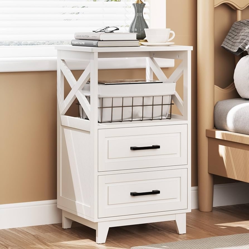 White X-Brace Nightstand Tall with Open Shelf and Black Pulls