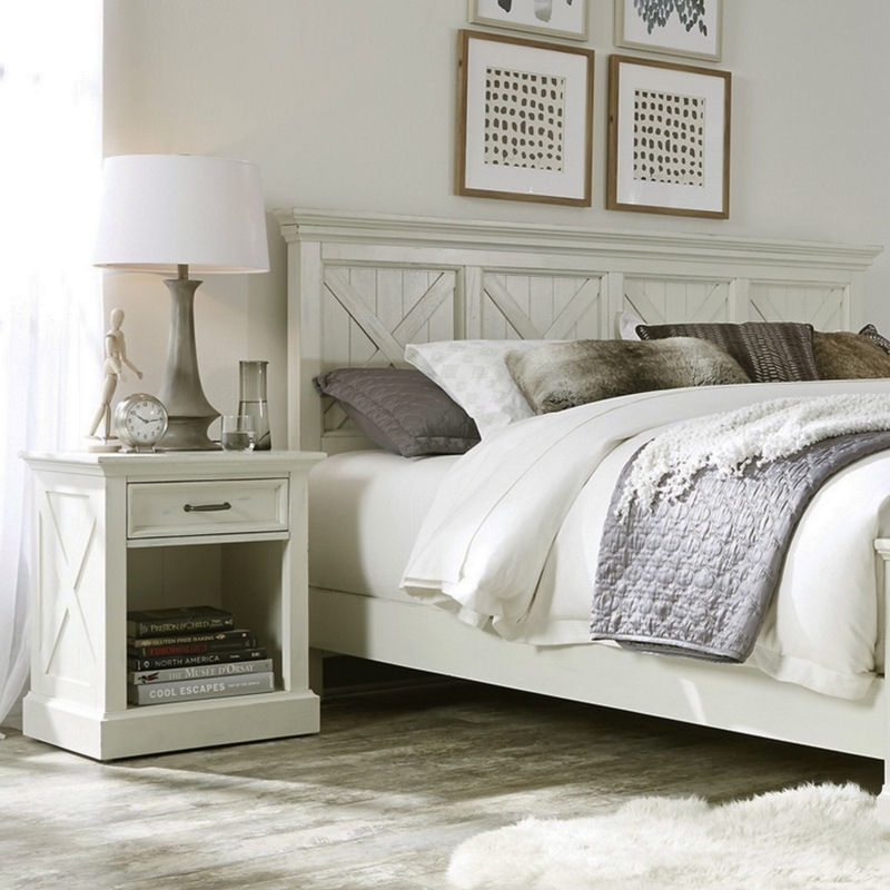 Whitewashed Bedroom Set with X-Panel Headboard & Nightstand