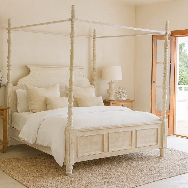 Whitewashed Canopy Bed with Turned Spindle Posts, Indian Inspired