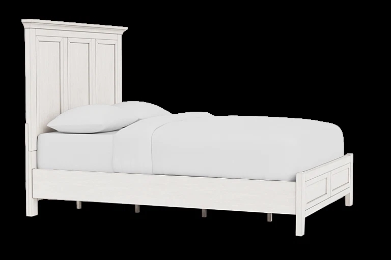Whitewashed Cottage Style Bed, Three-Panel Headboard, Crown Molding