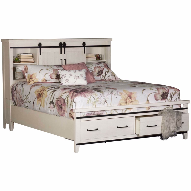 Whitewashed Farmhouse Bed with Footboard Drawers & Black Hardware