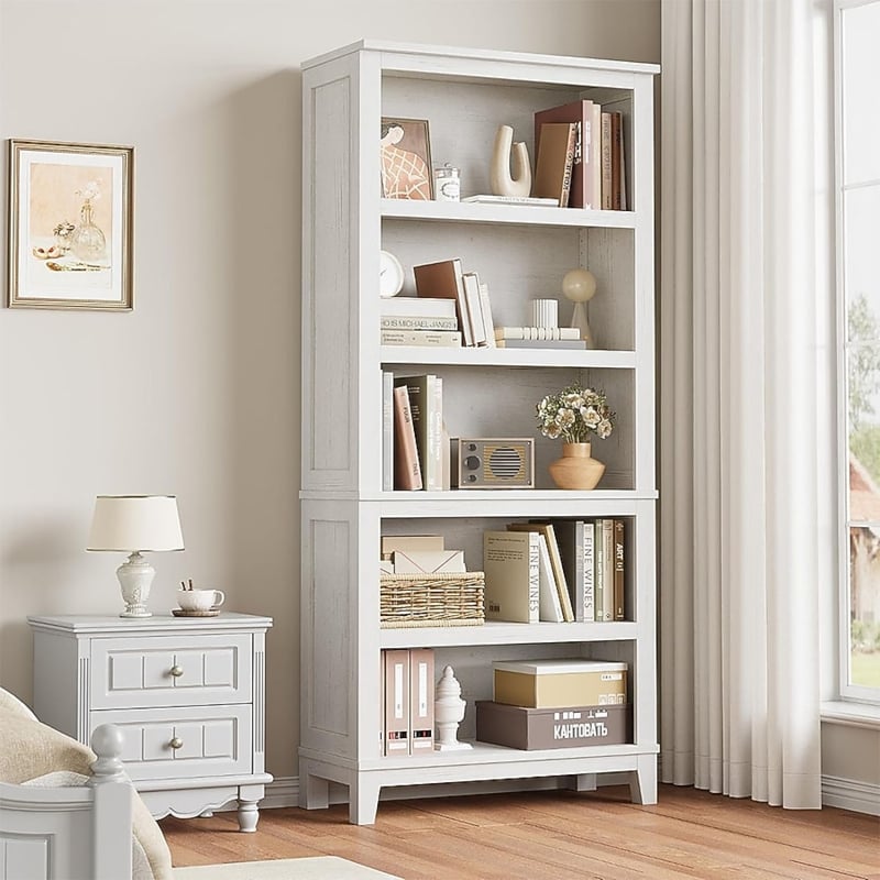 Whitewashed Farmhouse Bookcase, Recessed Panels