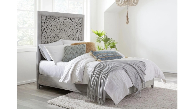 Whitewashed Gray Bed Frame with Carved Mandala Motif