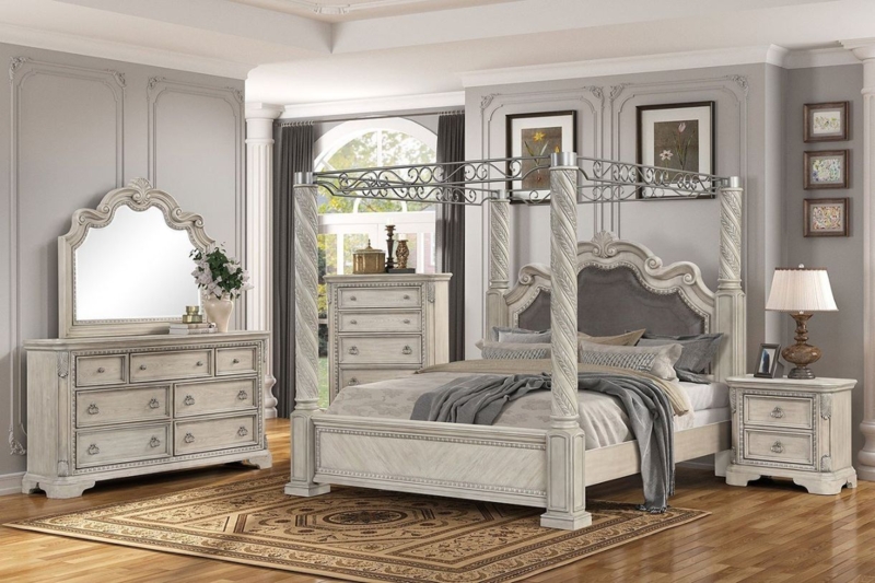 Whitewashed Gray Canopy Bed with Metal Scrollwork and Spiral Turned Posts