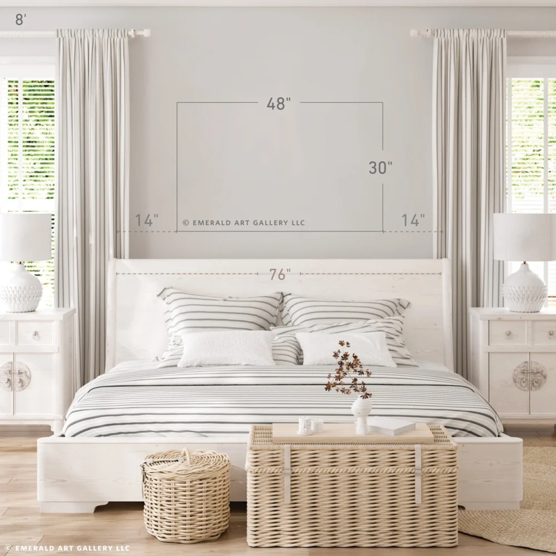 Whitewashed King Bed with Striped Bedding & Woven Storage Trunk