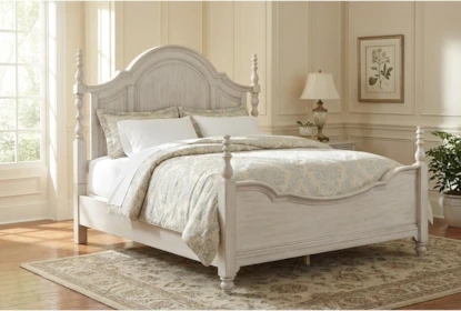 Whitewashed Poster Bed, Arched Headboard Queen Bed with Turned Posts