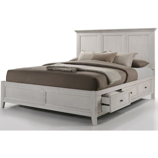 Whitewashed Storage Bed Paneled Headboard Integrated Drawers Coastal
