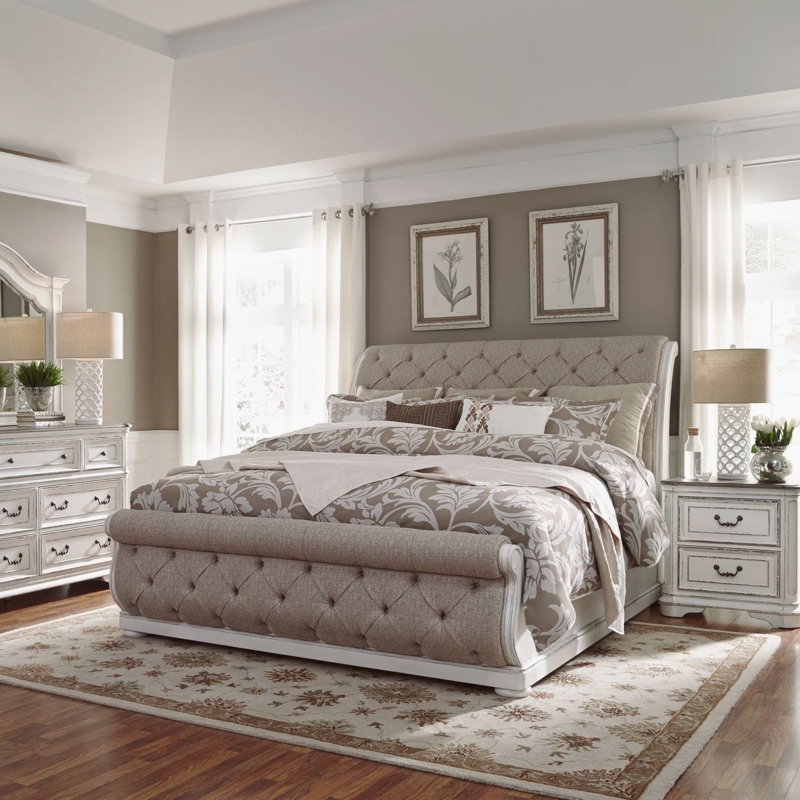 Whitewashed Wood and Tufted Upholstered Sleigh Bedroom Set French Country