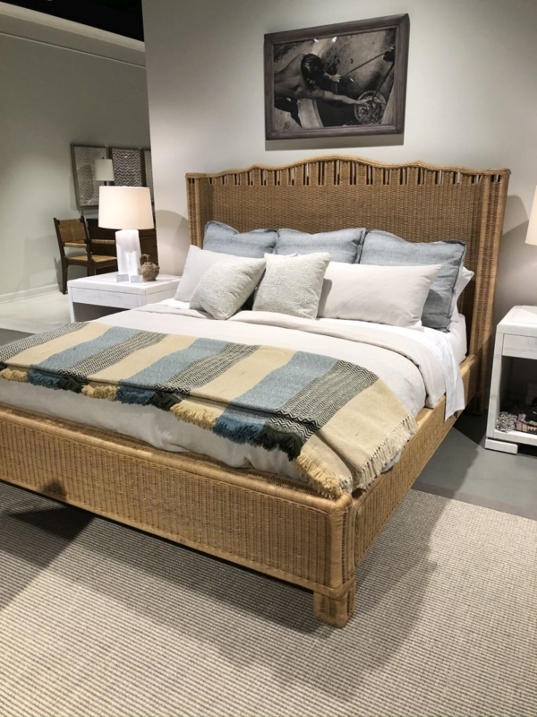 Wicker Bed Frame with Scalloped Curved Headboard and Winged Sides