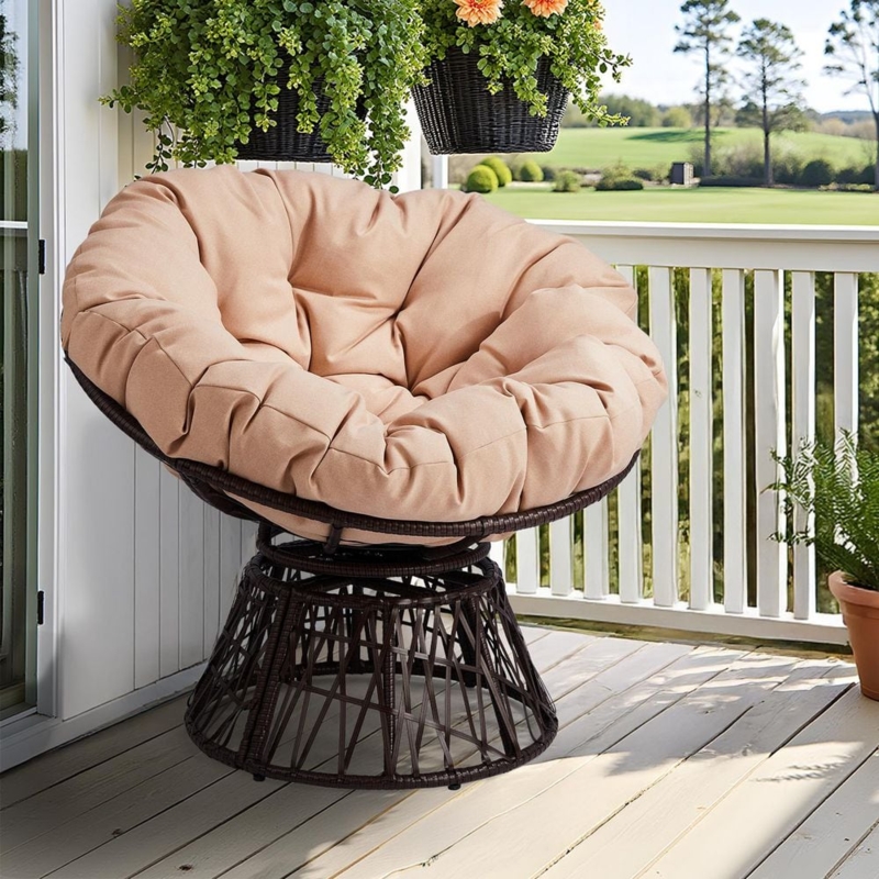 Wicker Papasan Chair with Beige Tufted Cushion and Woven Pedestal Base