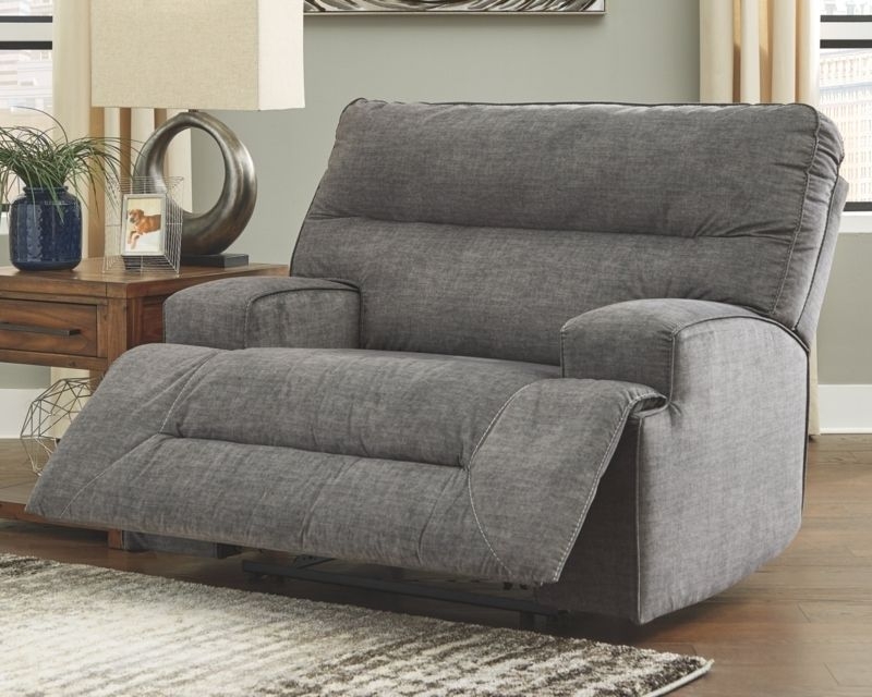 Wide Manual Recliner in Heathered Grey Fabric with Contrast Stitching