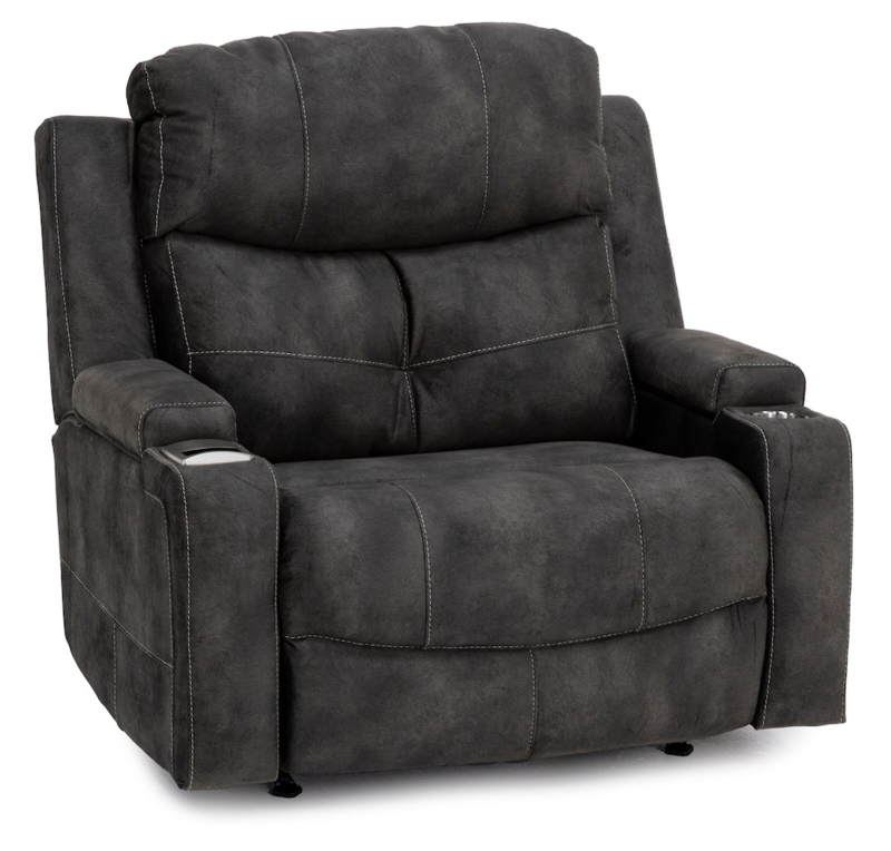 Wide Power Recliner Charcoal Grey Fabric Cup Holders Armrest Storage