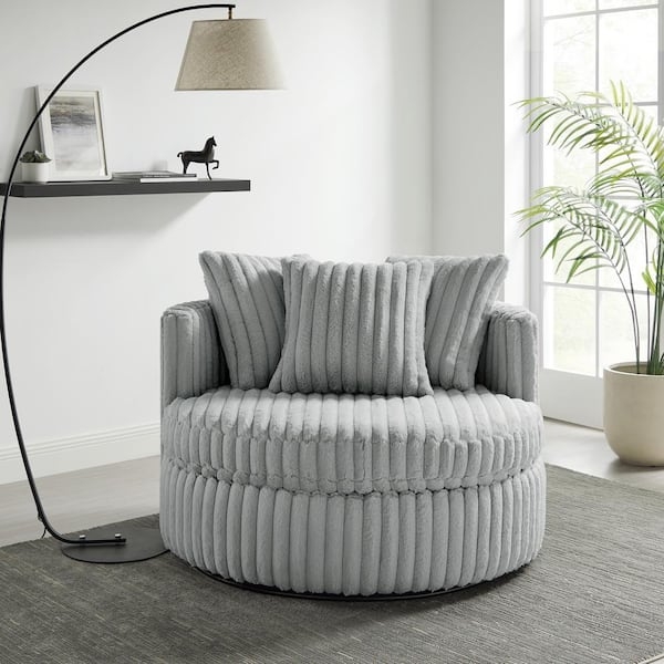 Wide Wale Corduroy Swivel Barrel Chair in Gray with Toss Pillows