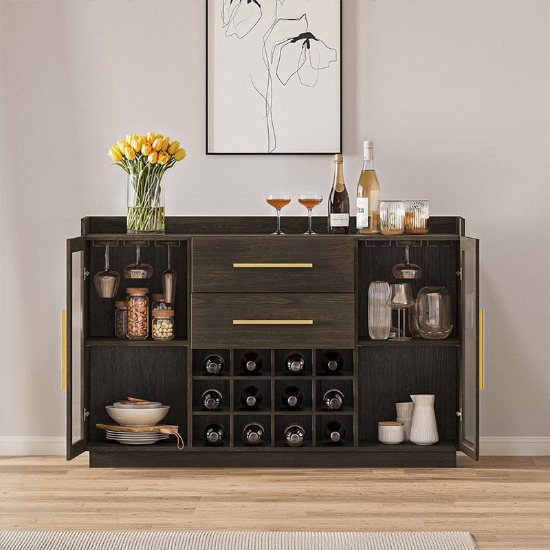 Wine Cabinet Dark Brown Gold Handles Glass Doors Glass Door Buffet