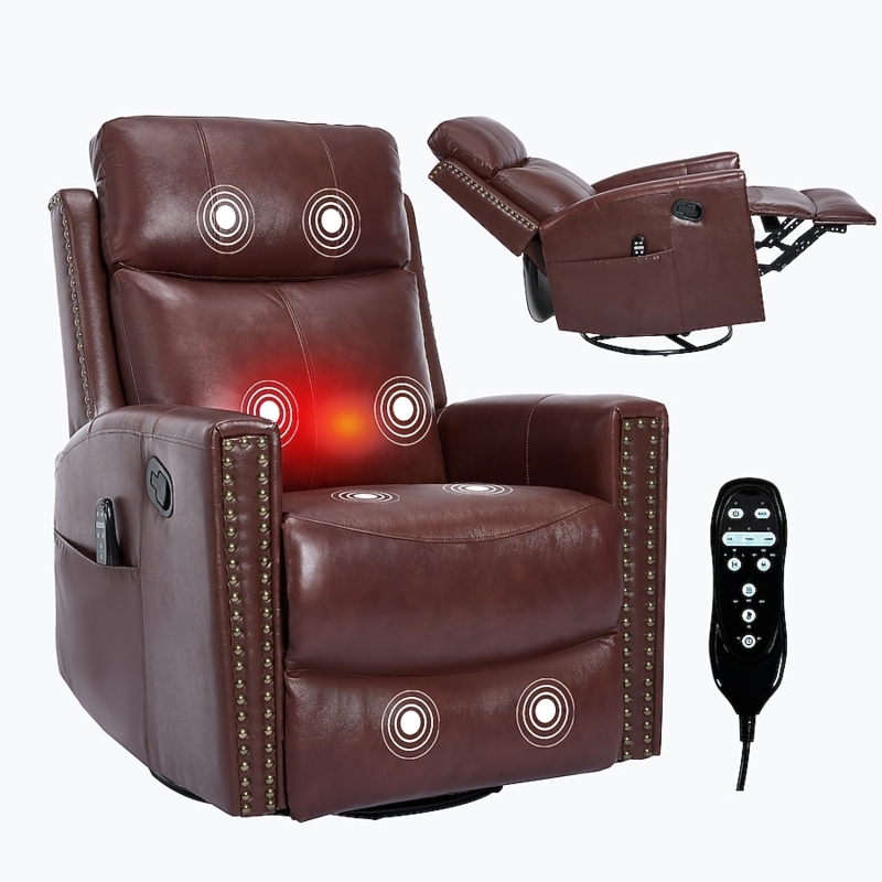 Wine Red Massage Recliner With Nailhead Trim And Swivel Base