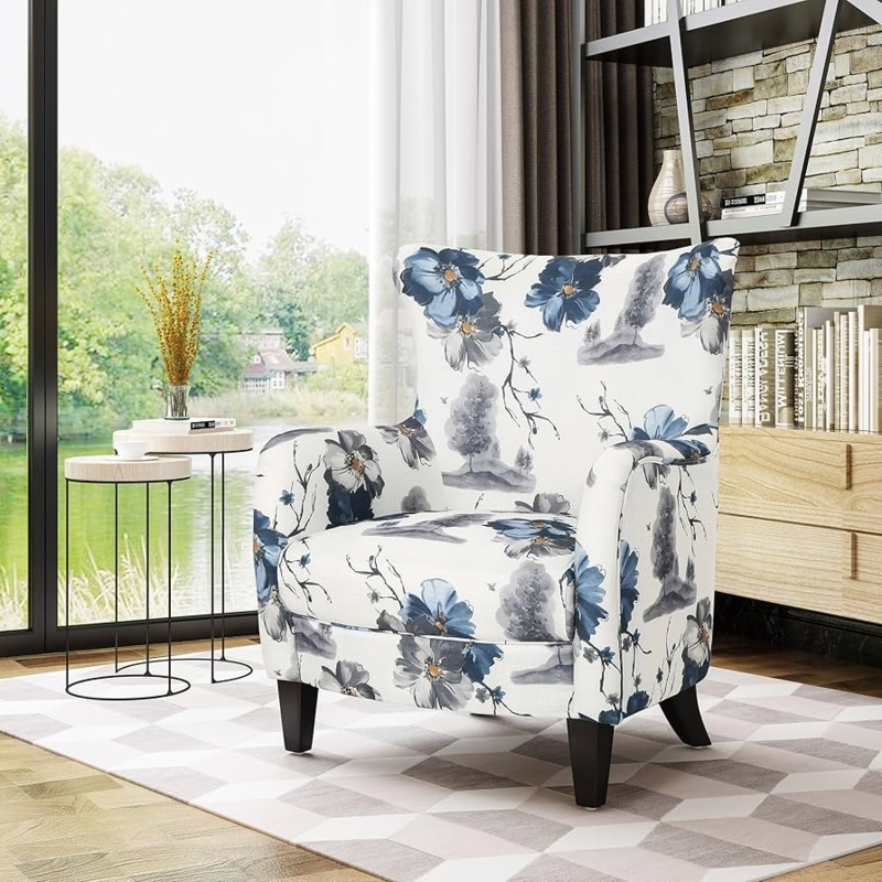 Wingback Accent Chair, Botanical Print, Tapered Legs