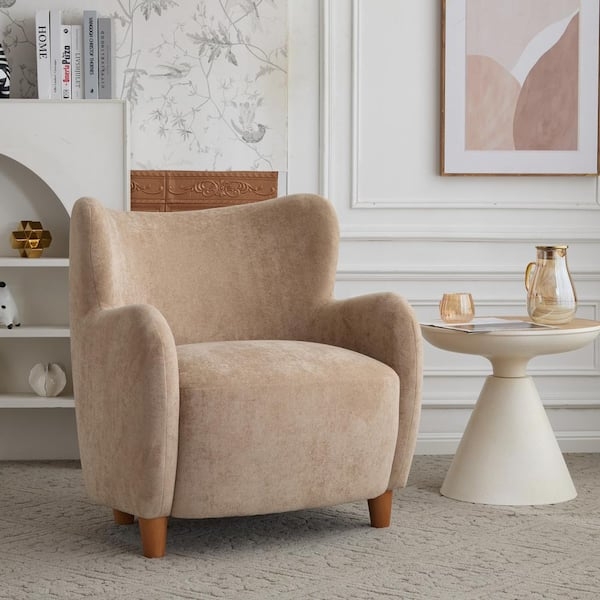 Wingback Accent Chair in Camel Upholstery with Tapered Wood Legs