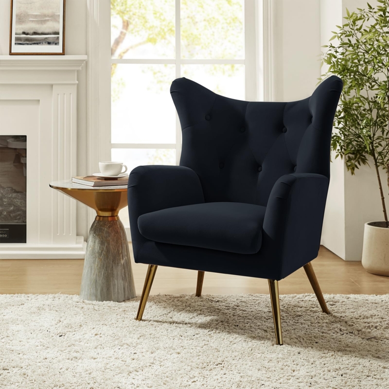 Wingback Accent Chair Navy Velvet Tufted Back Gold Legs Glam Seating