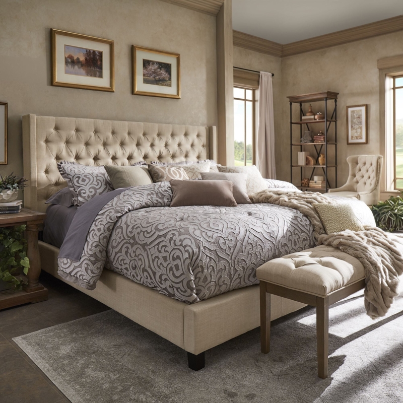 Wingback Bed Beige Linen Deep Button Tufted Traditional Style