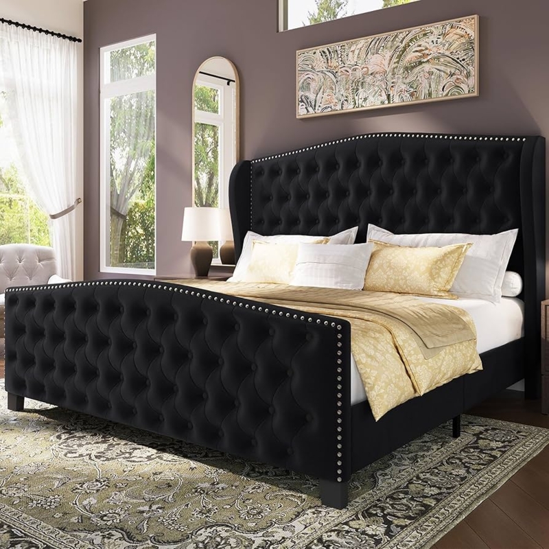 Wingback Bed Frame: Deep Button Tufting, Black Velvet & Nailhead Trim