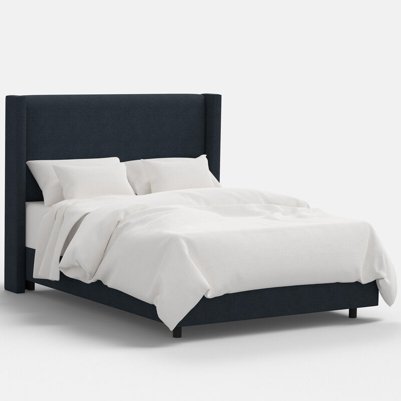 Wingback Bed Frame Upholstered in Navy Linen Like Fabric
