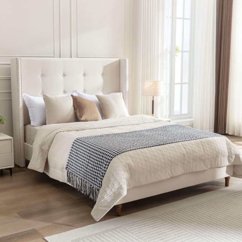 Wingback Bed Ivory Button Tufted with Nailhead Trim Details