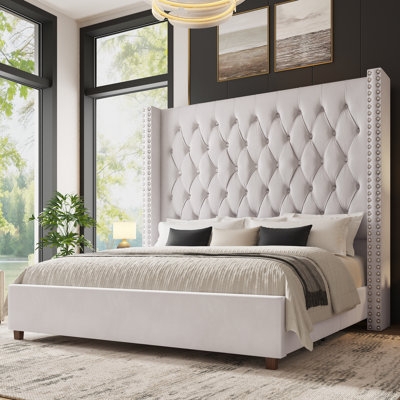 Wingback Bed Upholstered Extra Tall Nailhead Trim Tufted
