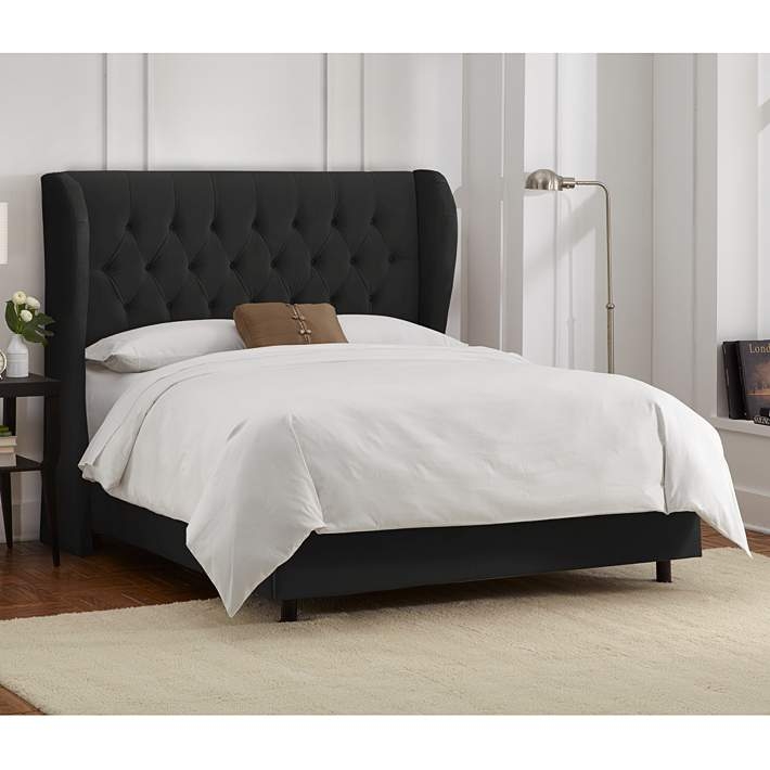Wingback Bed Velvet Deep Diamond Tufting Transitional Style