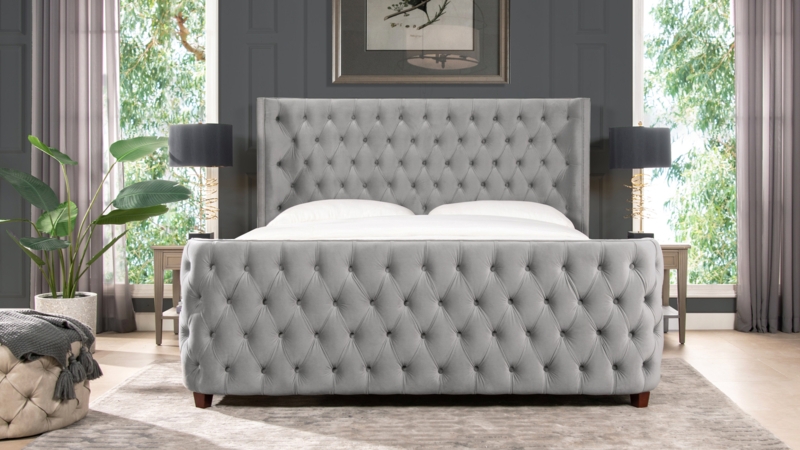 Wingback Bed with Footboard Velvet Upholstery Glam Style