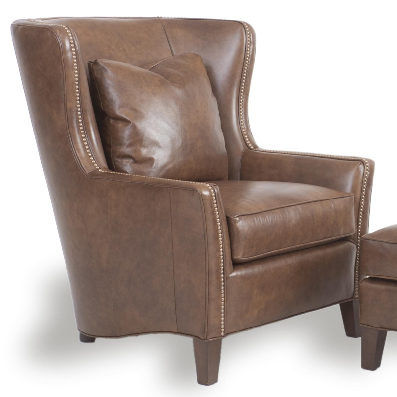 Wingback Chair Brown Leather Like Track Arms Nailhead Detail