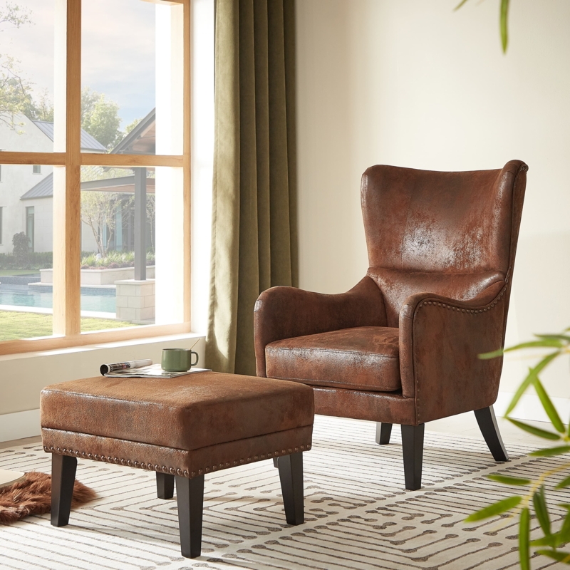 Wingback Chair Set, Cognac Leather-Like with Nailhead Trim & Tapered Legs